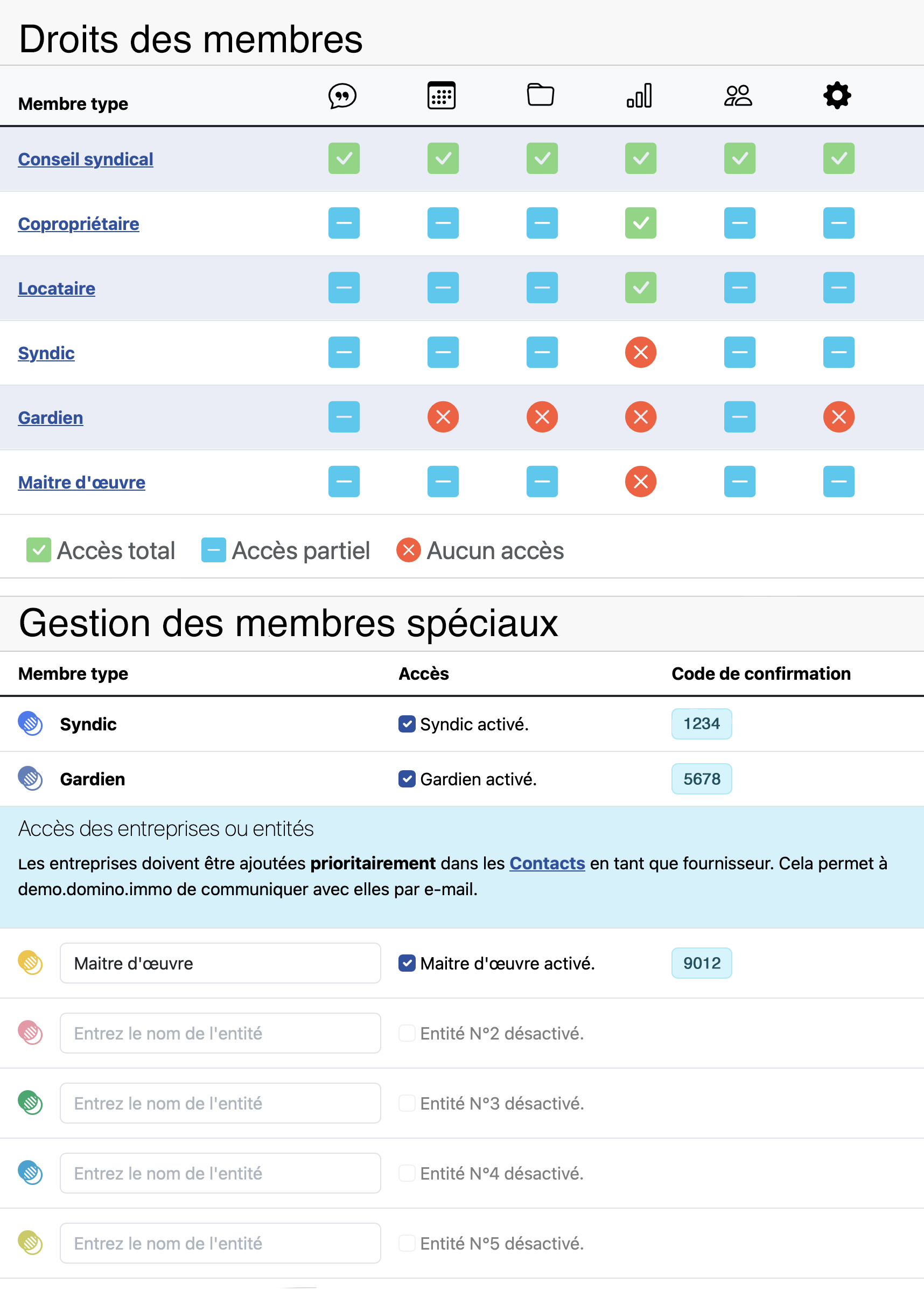 Interface Domino : gestion des droits d’accès par type de membre dans une copropriété.